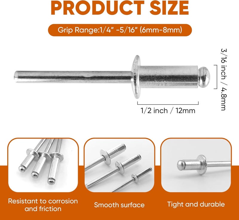 ALLCLEAN 155 Pcs 3/16" x 1/2" Aluminum Blind Rivets,4.8 x 12mm Pop Rivets,Aluminum Grip and Steel Mandrel - Image 2